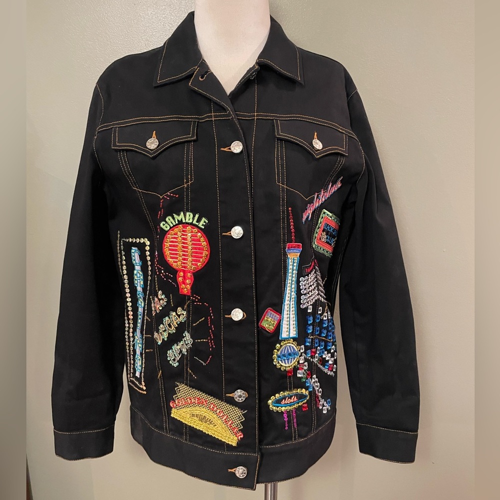 Black Las Vegas Boutique Sequined Jean Jacket - size M